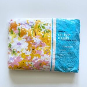 NOS VTG 70s Boho Hippie Full Size No-Iron Muslin Floral FlatSheet Yellow Pink